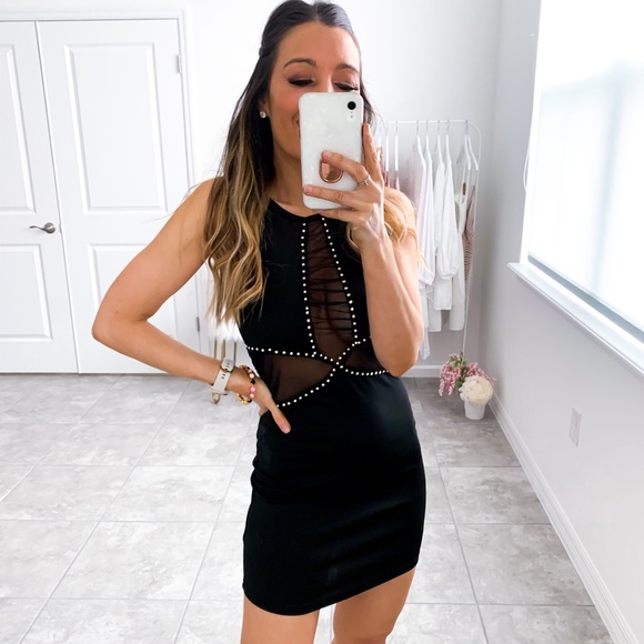Black Halter Mesh Rhinestones Bodycon Sexy Dress - Picture 7 of 13